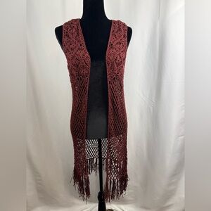 Boho Rust Crochet Fringe Duster Vest Long Festival Western Layering